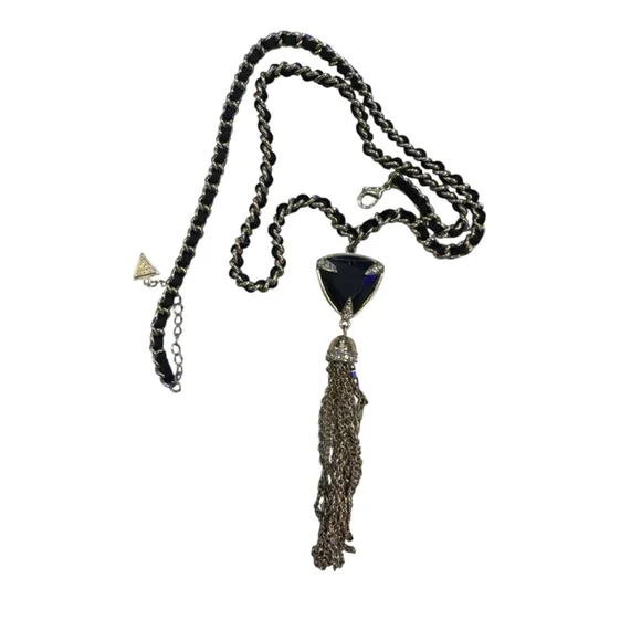 Guess Black & Gold Triangle Pendant Tassel Necklace, One Size